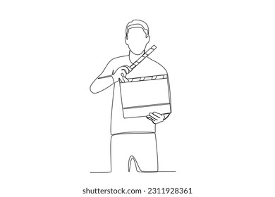 A man is in charge of holding the clapper board. Director one-line drawing