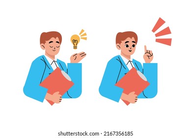 Hombre a cargo de las ventas explicando a los clientes, creativo y de moda trabajador de oficina dando una presentación. Ilustración vectorial plana aislada en fondo blanco.