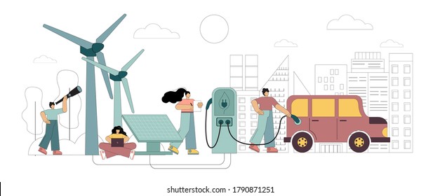 A man charges an electric car. Alternative energy sources, solar battery, wind generator. Improving ecologists. Vector illustration isolated on white background.