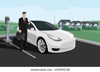 Man charges an electric car at a charging station on a background of eco city using renewable energy. Vector illustration EPS 10