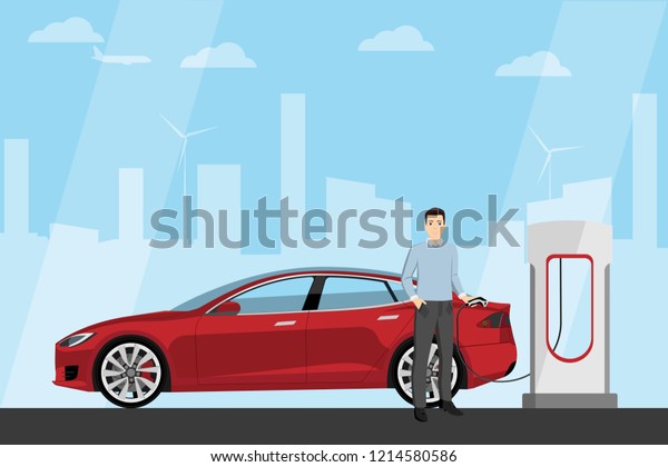 Man charges an electric car at a charging station.
Vector illustration EPS 10