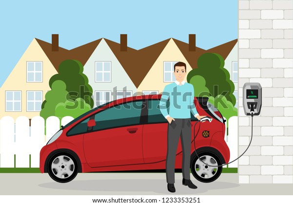 Man charges an electric car at a charging station.\
Vector illustration EPS 10