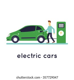 Man Charges electric cars. Ecology isolated on white background. Flat design vector illustration.