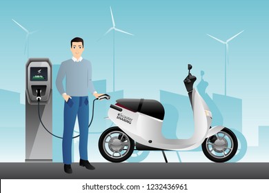 Man charges an electric scooter at a charging station. Escooter sharing. Vector illustration EPS 10