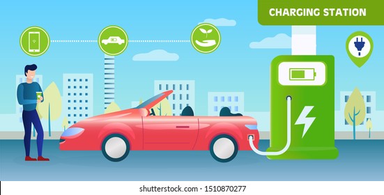 A man charges his red car at a charging station. A man is worried about ecology. Electric vehicle. Rapid energy recovery. Eco technology. Responsibility for the environment. Flat Vector Illustration