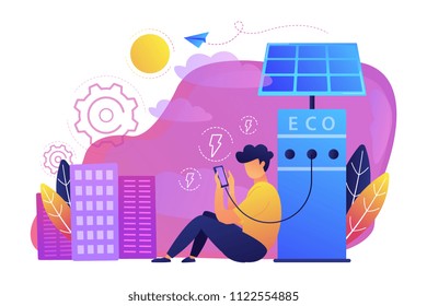 Man charges smartphone from solar recharge station. Ecological renewable charging systems, smart bus stops, IoT and smart city concept, violet palette. Vector illustration on white background. Man charges smartphone from solar recharge station. Ecological renewable charging systems, smart bus stops, IoT and smart city concept, violet palette. Vector illustration on white background.