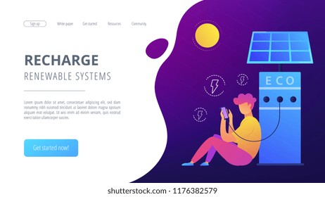 Man charges smartphone from solar recharge station. Ecological renewable charging systems, smart bus stops, IoT and smart city concept, violet palette. Website landing web page template.