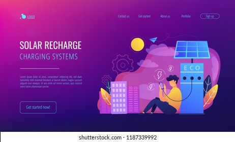 Man charges smartphone from solar recharge station. Ecological renewable charging systems, smart bus stops, IoT and smart city concept, violet palette. Website landing web page template.