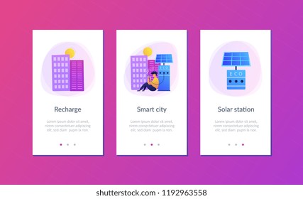 Man charges smartphone from solar recharge station. Ecological renewable charging systems, smart bus stops, IoT and smart city concept, violet palette. UI UX GUI app interface template.