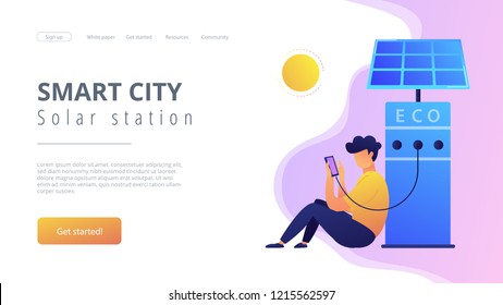 Man charges smartphone from solar recharge station. Ecological renewable charging systems, smart bus stops, IoT and smart city concept, violet palette. Website landing web page template.