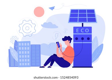 Man charges smartphone from solar recharge station. Ecological renewable charging systems, smart bus stops, IoT and smart city concept, violet palette. Vector illustration on white background.