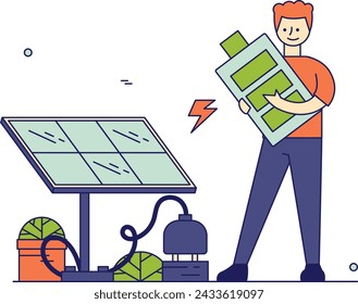 Man charging battery using solar panel