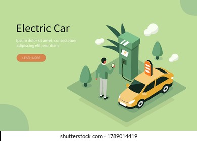 Man Charging Electric Car Battery At Electric Recharge Station. New Alternative Energy Vehicle. Futuristic Transport, Green Energy, Eco City Concept. Flat Isometric Vector Illustration.