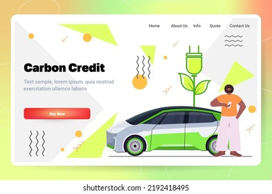 man charging electric car eco friendly vehicle carbon credit concept co2 emission environment strategy