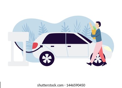 Man charging electric car. Man with grocery bag. Ecology protection concept. Alternative transportation idea. Modern flat vector illustration.