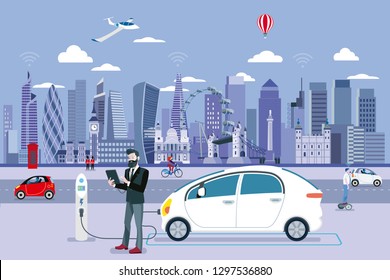 man Charging an electric car in a London street with people walking and the City Skyline at the background. Flat vector illustration.