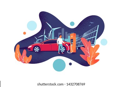 Man is charging electric car is on renewable power station generation. Solar panels and wind turbine fuel plant with city skyline in the background. Modern fluid shape noise grain vector illustration.