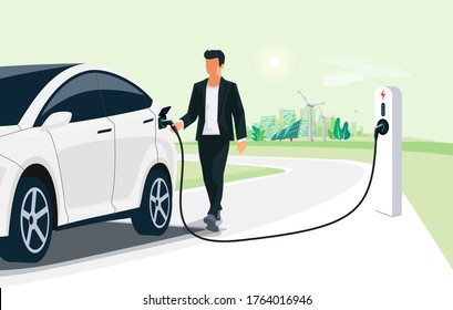 Man charging electric car on city street skyline. Illustration battery EV vehicle plugged in electricity from sustainable renewable power generations solar panel, wind turbine. Vehicle being charged.