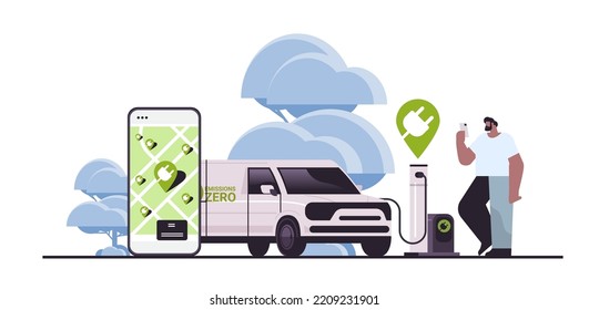 man charging electric cargo van in mobile app battery vehicle at recharging power station charger EV management zero emission