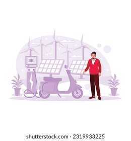 Man charging electric scooter at the charging station, against windmill and solar panel in the background. Trend Modern vector flat illustration.