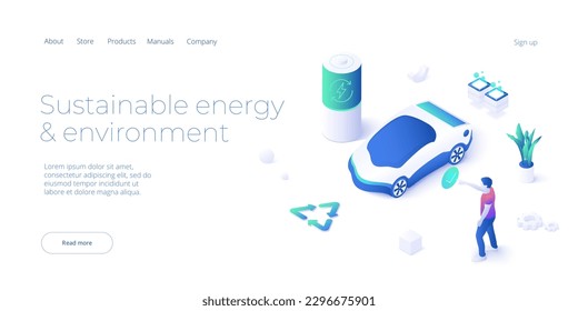 Man charging electrocar. Sustainable energy concept in isometric vector design. Ecological electricity consumption and power usage. Web banner layout template