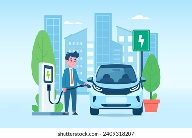 Man charging his electric car at charging station and city background. Electric transportation and eco-friendly vehicle concept. Vector illustration.