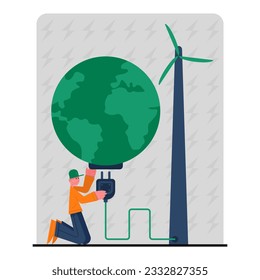Man charging planet with wind power, solar panels. Environmentally conscious living. Concept of rational use of natural energy for domestic needs. Flat vector illustration in cartoon style