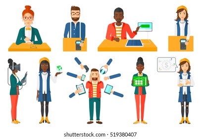Man charging tablet computer with solar panel. Charging tablet from portable solar panel. Tablet computer with a battery charging. Set of vector flat design illustrations isolated on white background.