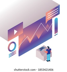 man and charts with web templates character vector illustration design
