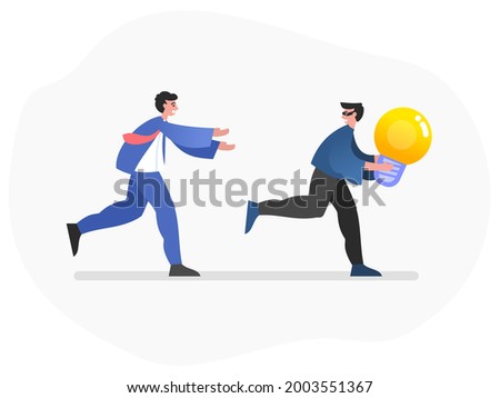 Man chase thief who stole his idea, intellectual property infringement. Online robber, crime. Modern vector illustration
