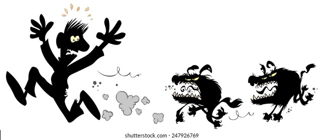 Man chased by evil dogs.