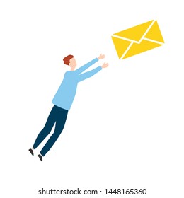 Man chases a letter. EPS file. Flat cartoon character isolated on white background 