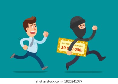 A man chases a thief who stole a winning one million dollar lottery ticket. Pursuit of the robber. Vector illustration, flat design, cartoon style, isolated background.