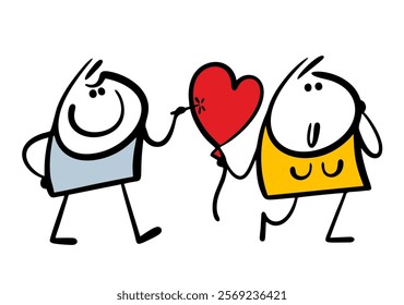 Man chases a woman, bullies her and pierces heart-shaped balloon with a needle. Vector illustration of the destruction of love. Isolated cartoon person on white background.