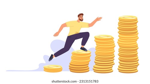 Man chasing for big money.Salary,income growth,promotion at work.Employee growing from low to high financial level,becoming rich.People and money.Flat vector illustration isolated on white background