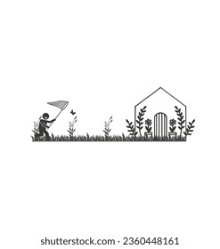 Man chasing a butterfly illustration for children's books or flash cards. A simple flat vector.