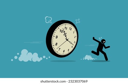 Man chasing by clock time and running away. Vector illustration depicts concept of deadlines, due dates, late, slack, procrastinate, unpunctual, and not enough time. 