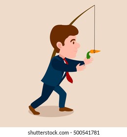 Man chasing a carrot cartoon. Work for consumption metaphor. Colorful hand drawn vector illustration