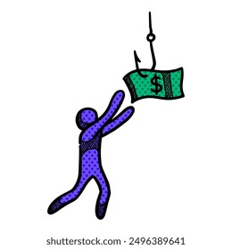 Man chasing dollar bait icon halftone color vector illustration