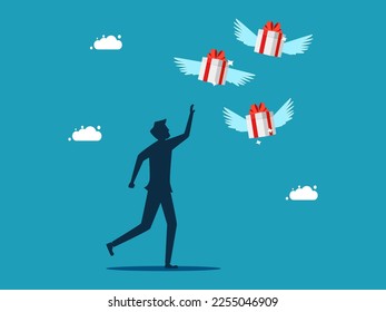 man chasing a gift box that flew away from him. Lose benefits or rewards. business concept vector