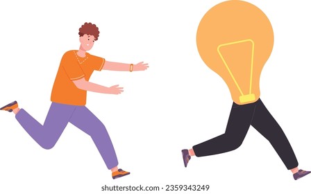 Man chasing idea. Guy running after lightbulb mascot isolated on white background