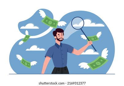 Man chasing money. Guy with net catches banknotes, mektaphor of successful start up, talented entrepreneur or investor. Businessman collects profit from projects. Cartoon flat vector illustration