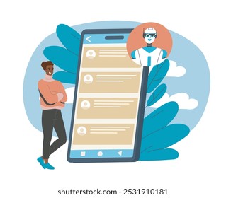 Man chat with ai. Young guy chatting with artificial intelligence. Communication with bot in social networks. Machine learning and innovation. Flat vector illustration isolated on white background