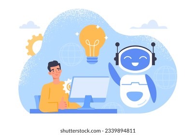 Hombre con el concepto de bot de chat. Innovaciones y tecnologías modernas. Trabajador con robot. Aprendizaje automático e inteligencia artificial, automatización de procesos. Dibujo vectorial plano de dibujos animados