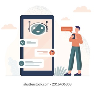 Man with chat bot concept. Young guy standing near big smartphone. Artificial intelligence and machine learning. Answering questions. Chat and dialogue with client. Cartoon flat vector illustration