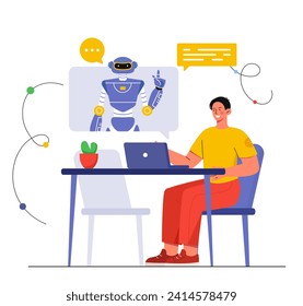 Hombre con el concepto de bot de chat. Joven con portátil con asistente virtual o ayudante. Inteligencia artificial y aprendizaje automático. Dibujo vectorial plano de dibujos animados aislado en fondo blanco