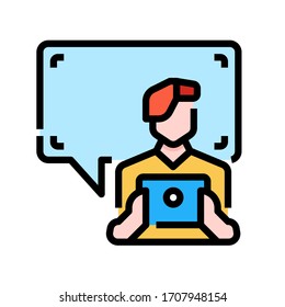 man with chat box icon for webpage, application, card, printing, social media, posts etc.
