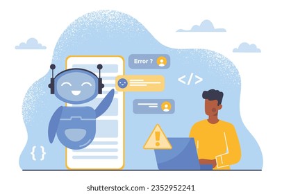 Man with chat gpt concept. Young guy chat with ai. Artificial intelligence and machine learning. Knowledge and information. Robot answers users questions. Cartoon flat vector illustration