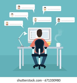 Man Chat On Computer Flat Illustration