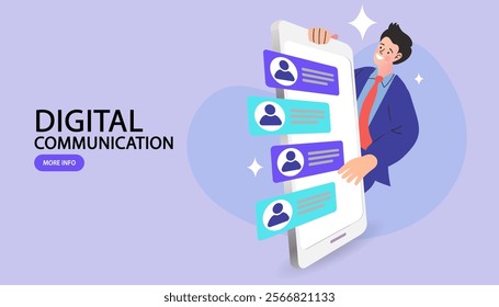 Man chat on mobile phone. Social media marketing concept. Marketer with megaphone attracting new customers, promotes business. Social network promotion. New message notification. Vector illustration